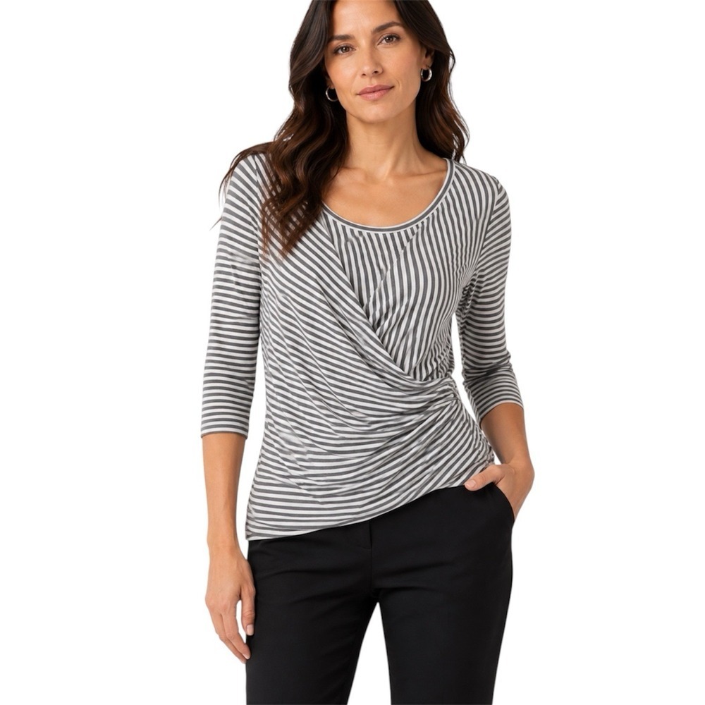 Max Mara Striped Draped Knit Top Gray White Ruched Designer Blouse Size S